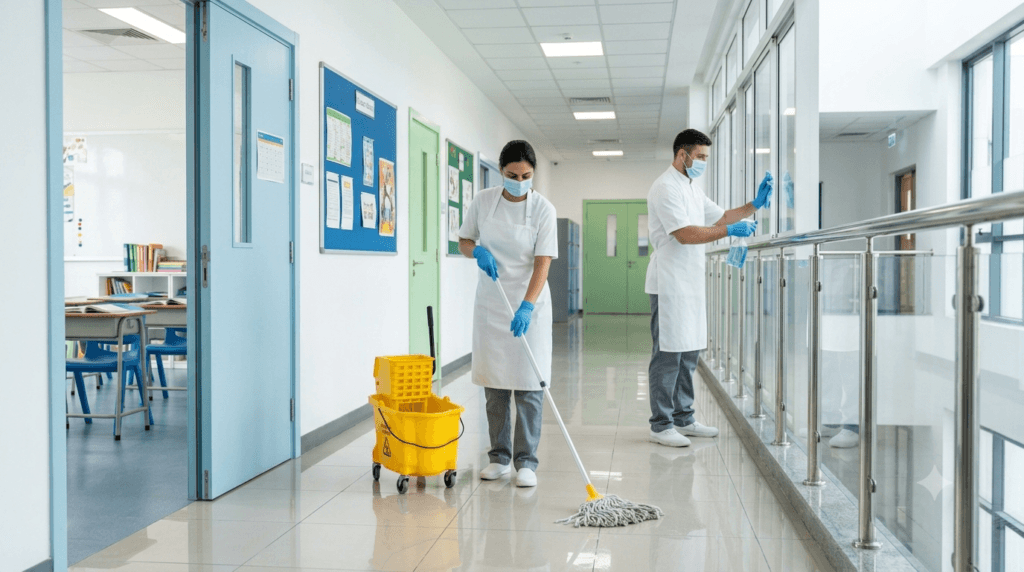 Facility staff cleaning school corridor for hygiene compliance