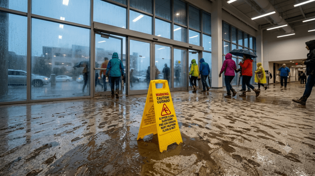 Monsoon season wet floor hazard at office entrance