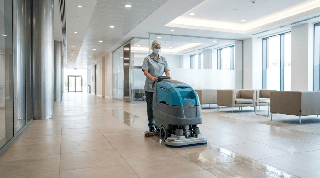Floor cleaning machine scrubbing commercial facility floor